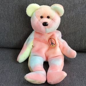 Beanie Baby Peace Tie Dye Teddy Bear with colorful peace sign